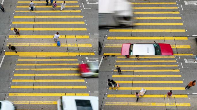 4k时间流逝香港旺角区黄色斑马线上无法识别的行人步行和汽车