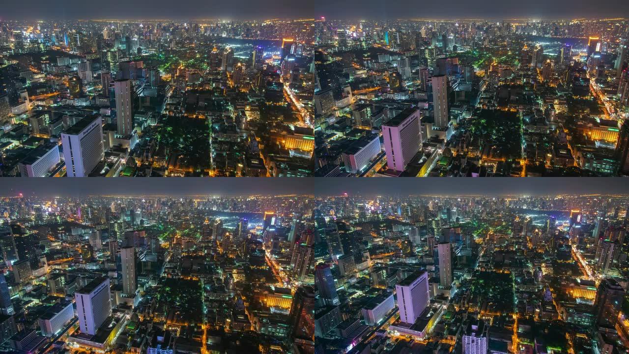 延时和缩小: 曼谷夜间的城市景观。