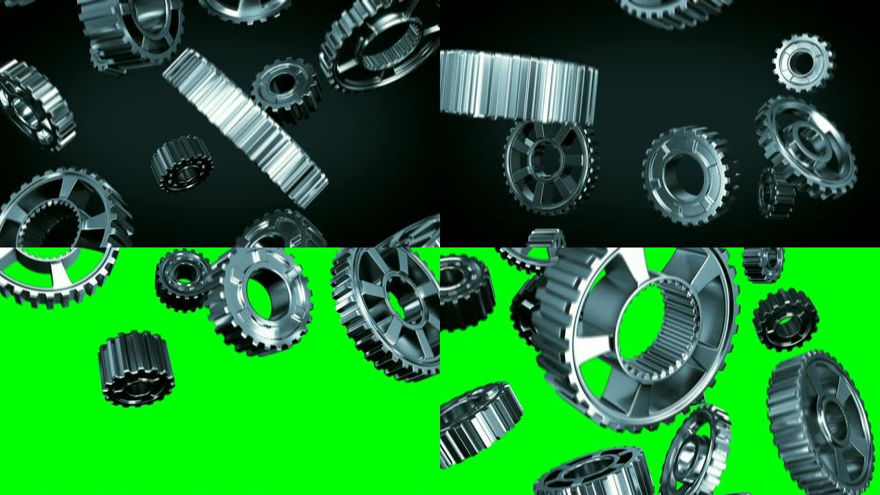 美丽的转动金属齿轮在黑色背景上无缝落下。循环3d动画绿屏。抽象的工作过程。团队合作商业和技术理念。