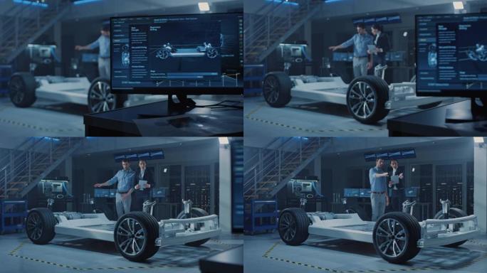 汽车工业设计设施屏幕显示3D cad软件: 男总工程师向女发明家展示汽车原型。电动汽车平台底盘概念有