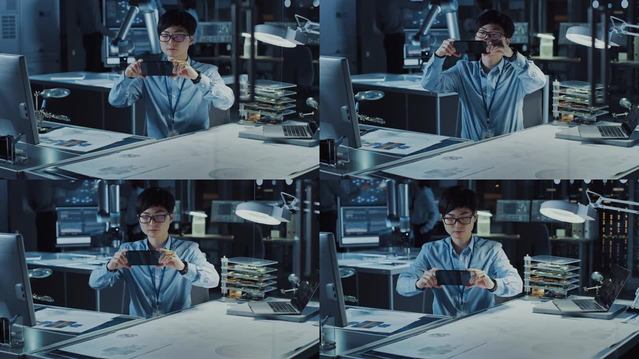 穿着蓝色衬衫的专业日本开发工程师正在用现代计算机设备在高科技研究实验室的Smartpgone上从技术