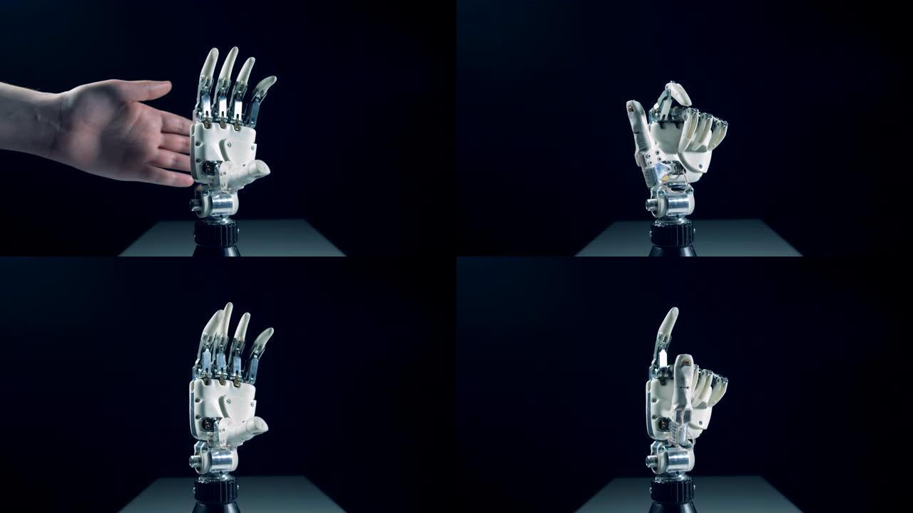 机械臂在受到人的调节后正在做出手指手势