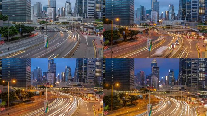 香港市景，中央车站，白天到晚上，现代建筑下道路的交通灯的4k延时场景，