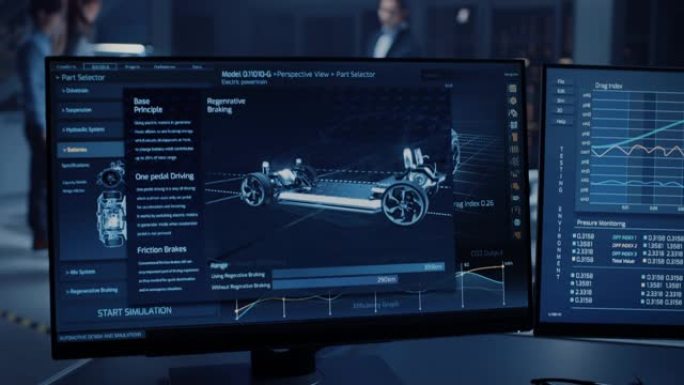 专业工程师使用3D cad软件在计算机上工作，并在高科技开发实验室中测试带有车轮，电池和发动机的电动