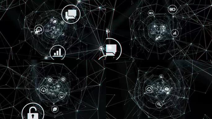 在黑色背景上带有不断变化的图标的链接的数字隧道中飞行。美丽的循环3d动画。数字技术和信息概念。