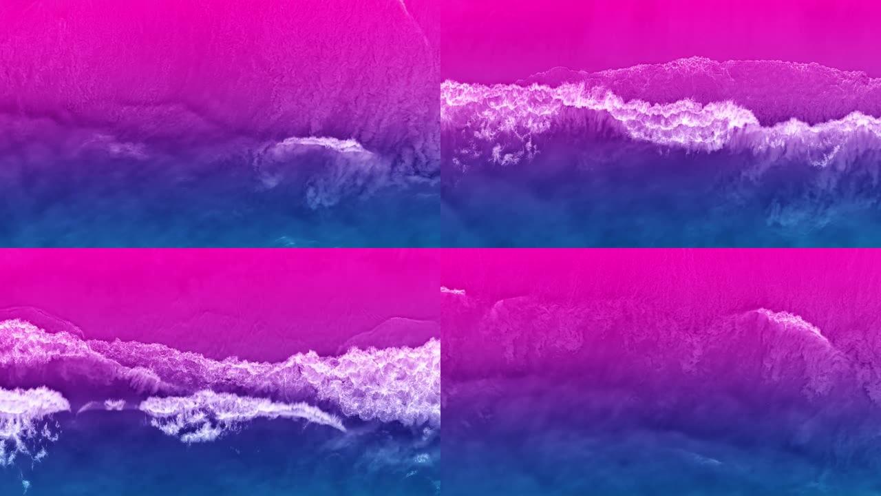 明亮多彩的海滩俯视图，紫外线霓虹色。不同寻常的颜色组合。神奇的氛围。空中4k视图