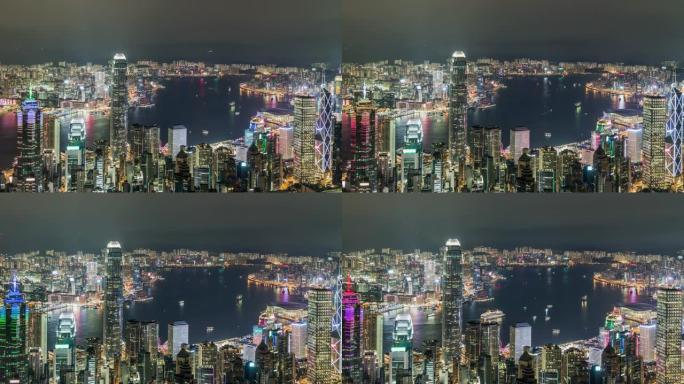 航拍香港市区及维多利亚港夜间瞰图