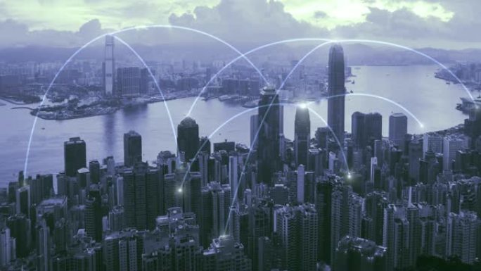 4k分辨率网络连接概念与蓝调红角城市景观