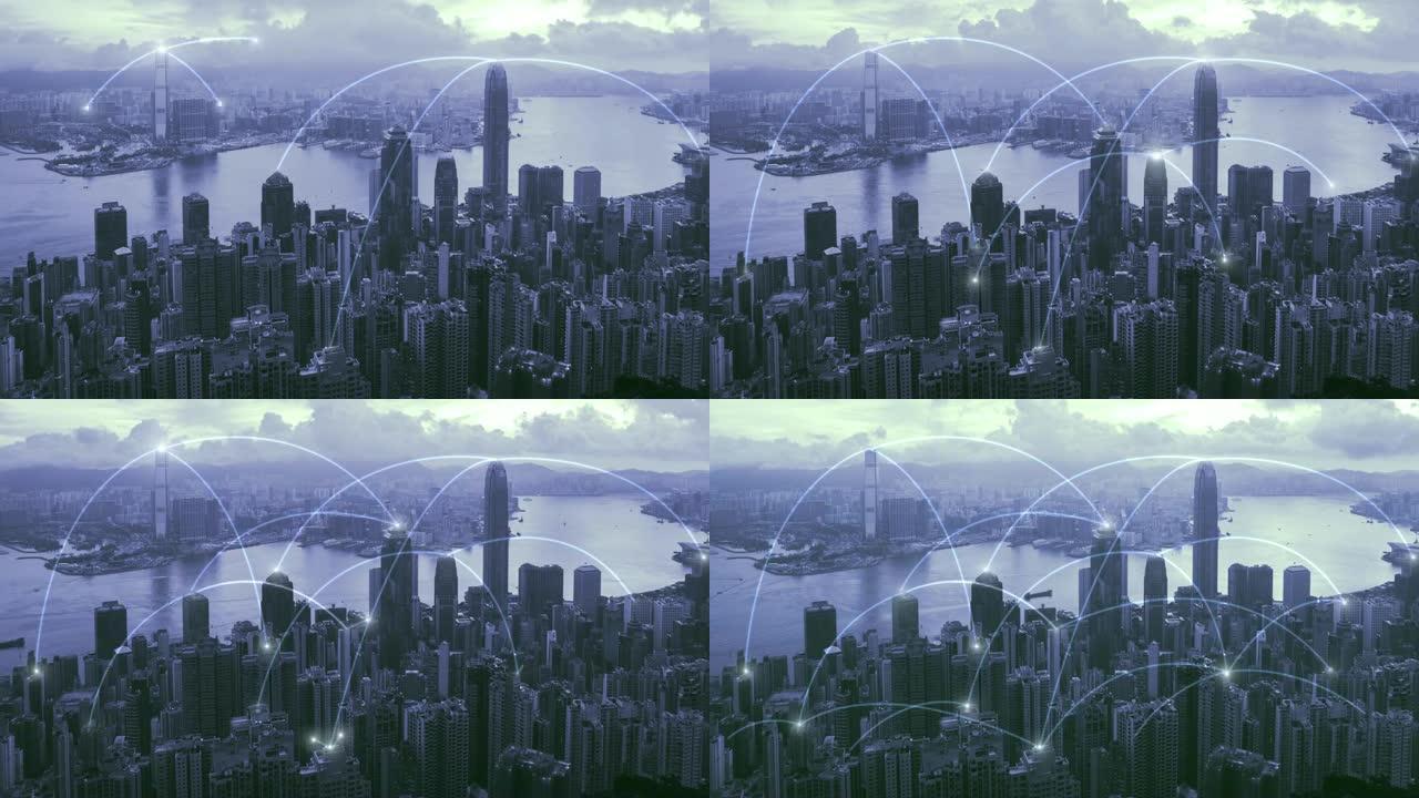 4k分辨率网络连接概念与蓝调红角城市景观