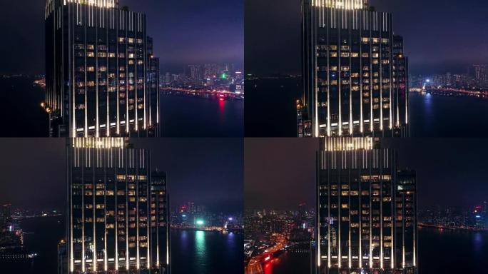 香港九龙城夜间天际线无人机景观