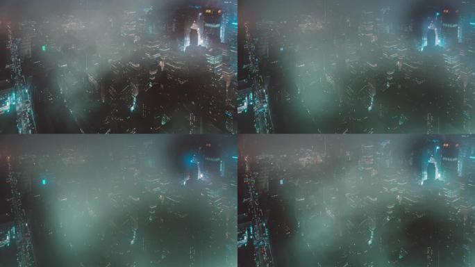 夜雾弥漫的曼哈顿中城的T/L鸟瞰图/纽约