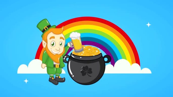 圣帕特里克节动画卡，彩虹中的精灵和硬币