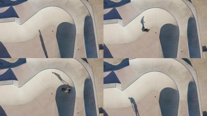 男子在滑板场滑板的鸟瞰图