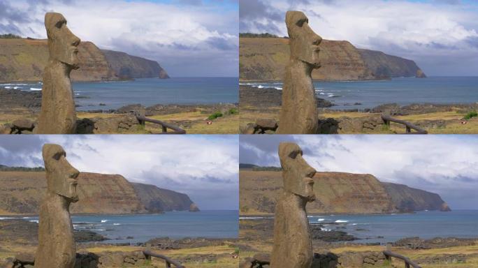空中: 在偏远的异国岛屿上高耸的moai雕塑的壮观景色