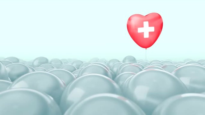 一个带有白色十字架的红心气球正在气球中飞行。明亮的医学背景。理想的标题文本背景。医疗保健理念，保险健