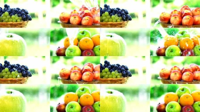 新鲜水果，四个不同视频的拼贴画。慢动作。