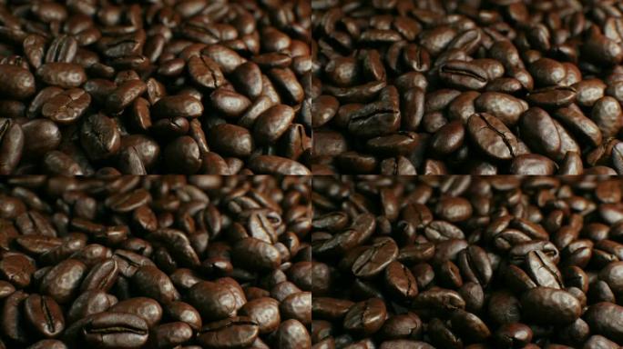美丽的烘焙咖啡豆无缝转盘旋转特写慢动作CG背景。桌上逼真咖啡豆的循环抽象3d动画。