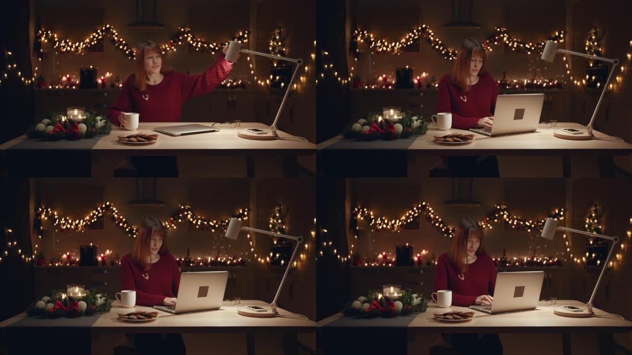一个漂亮的女孩正在笔记本电脑上输入圣诞老人的电子邮件。她将把所有的信寄到网上，等待奇迹发生。
