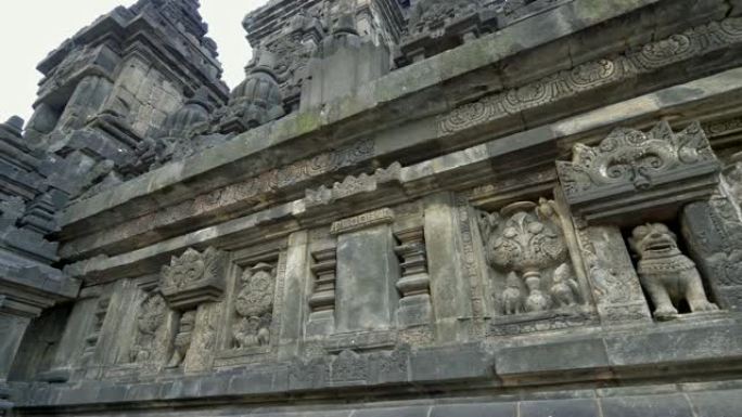 印度尼西亚中爪哇省世界上最大的佛教寺庙婆罗浮屠的石雕细节。4K, UHD