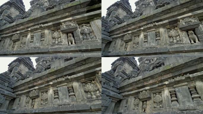 印度尼西亚中爪哇省世界上最大的佛教寺庙婆罗浮屠的石雕细节。4K, UHD