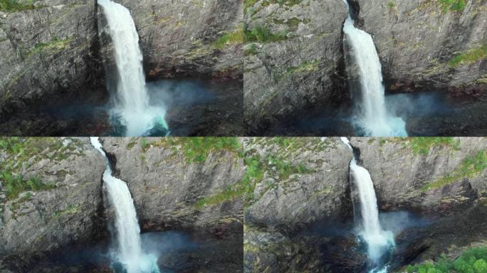 马纳福森瀑布的鸟瞰图。挪威的性质。4K