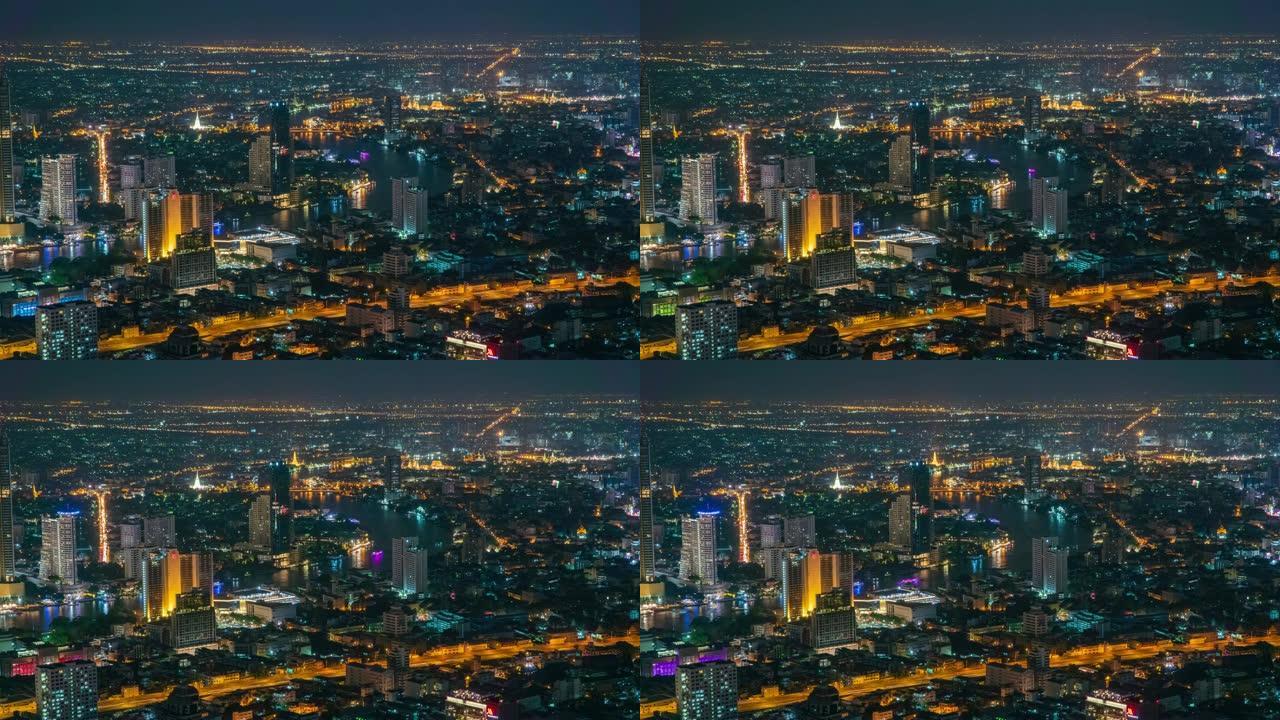 时间流逝和封锁: 曼谷城市景观和湄南河在夜间。