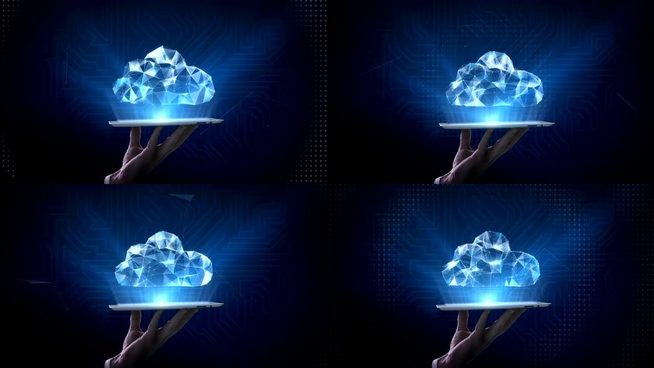 提升智能平板电脑，无数点聚集在一起，创建一个云标志，低多边形网络。4k动画电影。