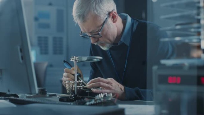 电子维修工程师焊接主板、微芯片和电路板，透过放大镜查看，咨询个人电脑。电子维修和测试