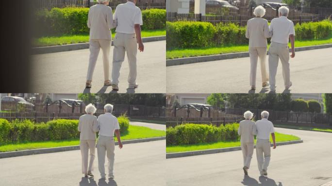 夏日的老年夫妇在户外散步