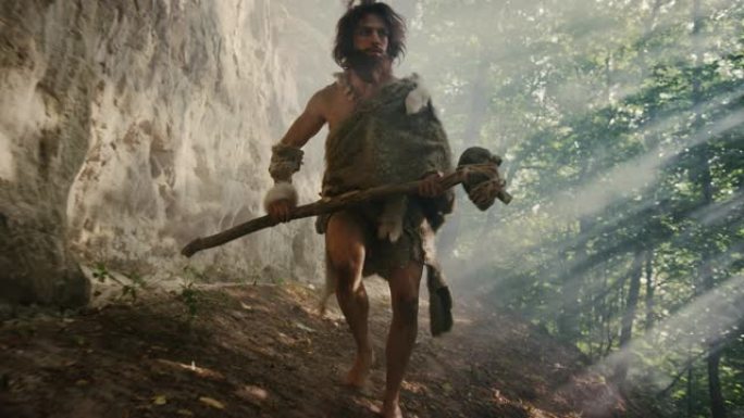 穿着动物皮的原始穴居人手持石尖锤环顾四周，探索史前森林，准备猎杀动物猎物。尼安德特人去丛林打猎。后续