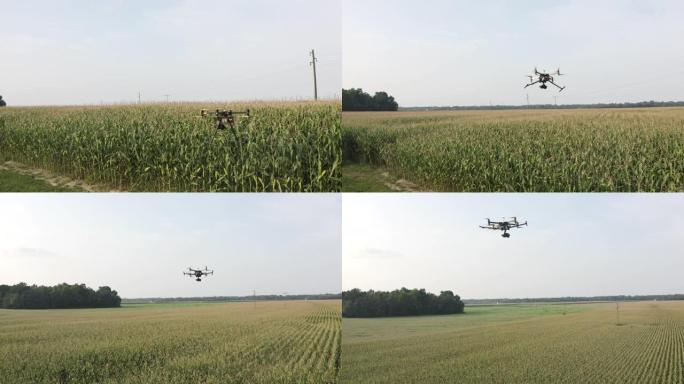 空中无人机起飞起飞的大型无人机器喷洒农药