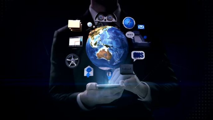 商人点击智能手机，旋转地球，汽车连接Io T technology.ca r信息系统。自动驾驶技术，