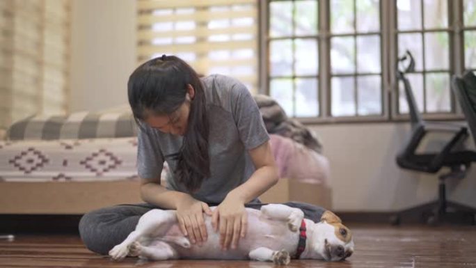 女人在家锻炼后在家在木地板上抚摸狗