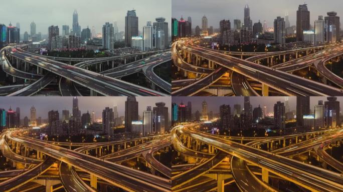 高峰时段，从白天到晚上/中国上海，过桥和城市交通的T/L鸟瞰图