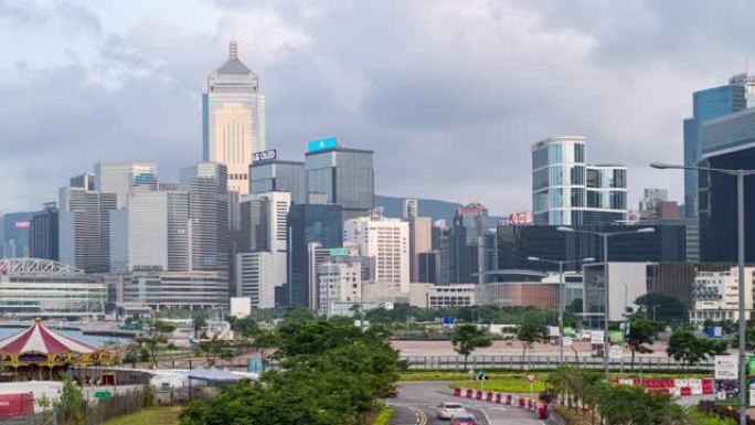 延时: 中环和金钟香港天际线建筑城市景观日落