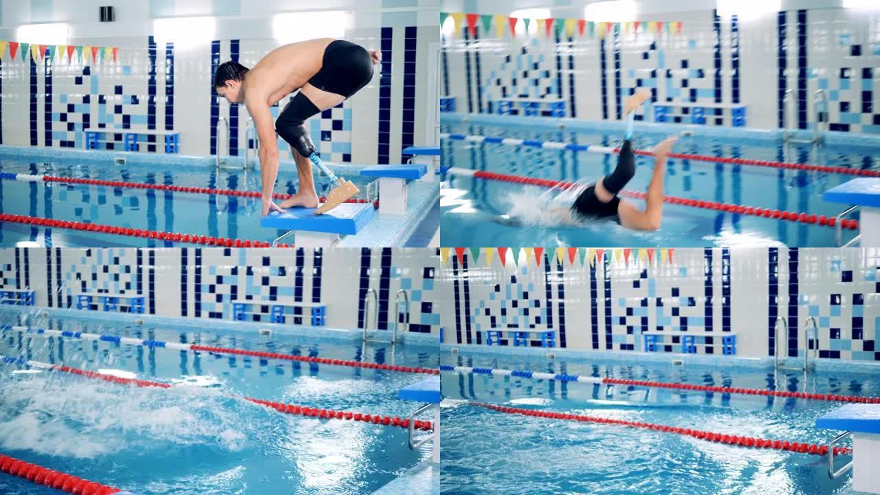 残疾游泳运动员跳进游泳池，特写。