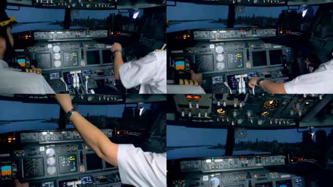 飞行模拟器中举行的着陆训练过程。现代客机机舱内部。