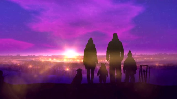 家人在冬天晚上散步。
