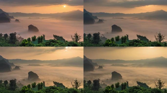泰国帕尧省Phulangka日出时，奇幻景观的4k时间流逝，薄雾与山流淌