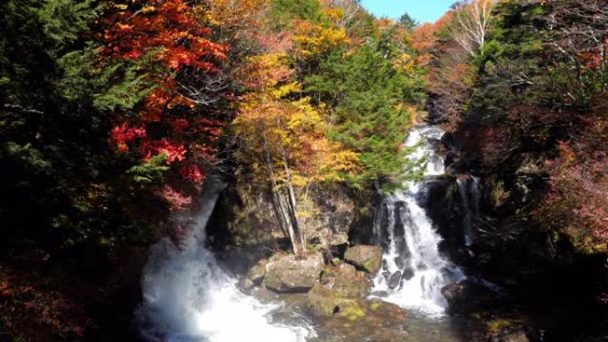 日本日光，秋天的Ryuzu瀑布，森林变色，慢动作