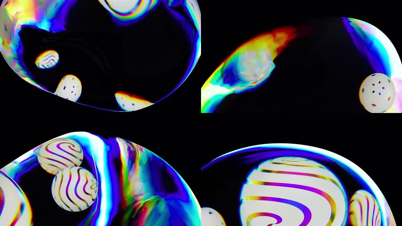 彩色3D抽象动画背景。黑暗区域孤立的多色球。主动移动液体彩色球体。波状球面光谱颜色渐变。彩虹波光折射