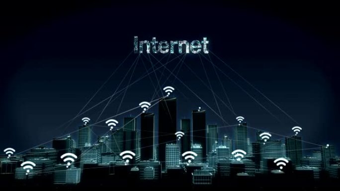 向前移动，智能城市上的各种wi-fi图标，连接 “互联网” 的智能建筑。4k。