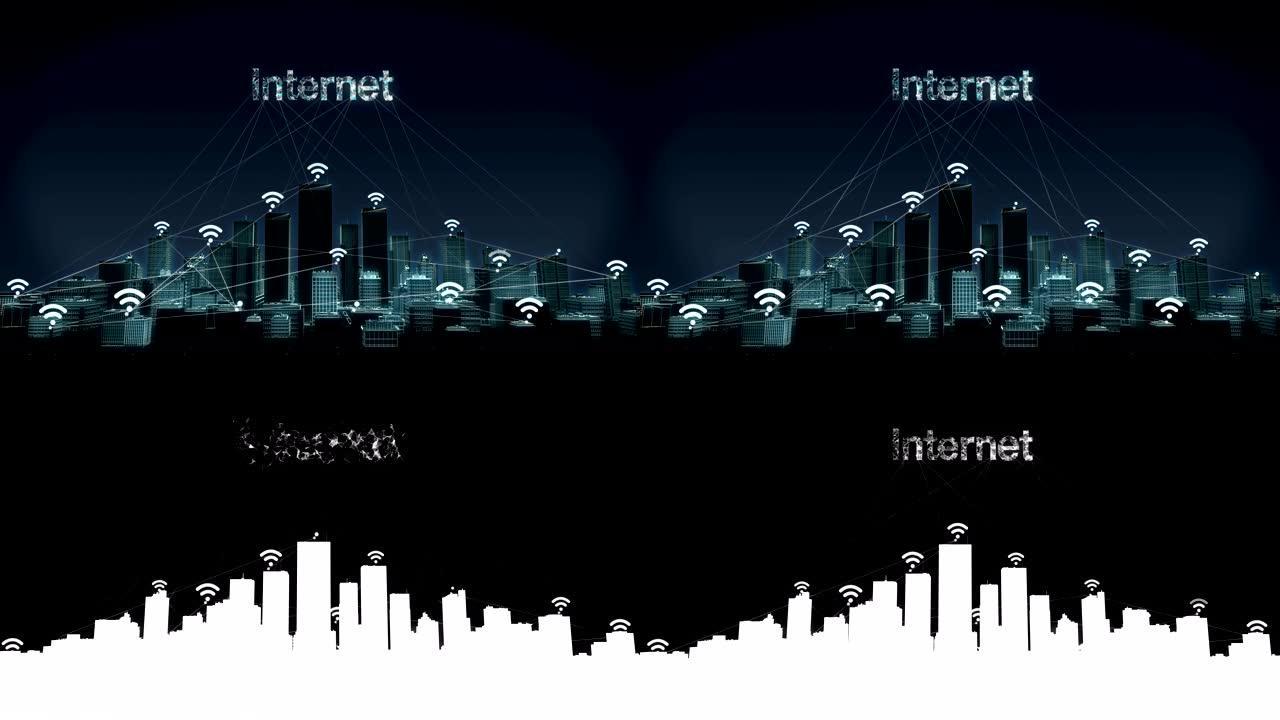 向前移动，智能城市上的各种wi-fi图标，连接 “互联网” 的智能建筑。4k。
