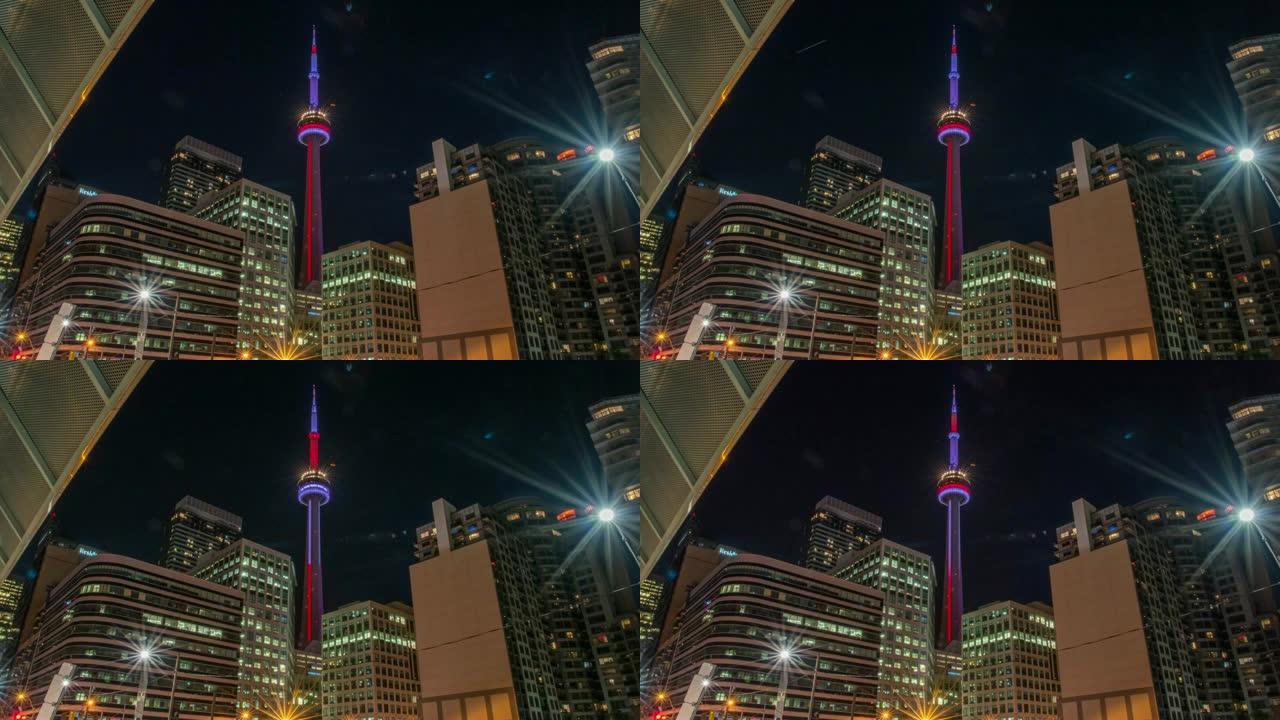 加拿大多伦多夜间MS Time lapse neon CN Tower