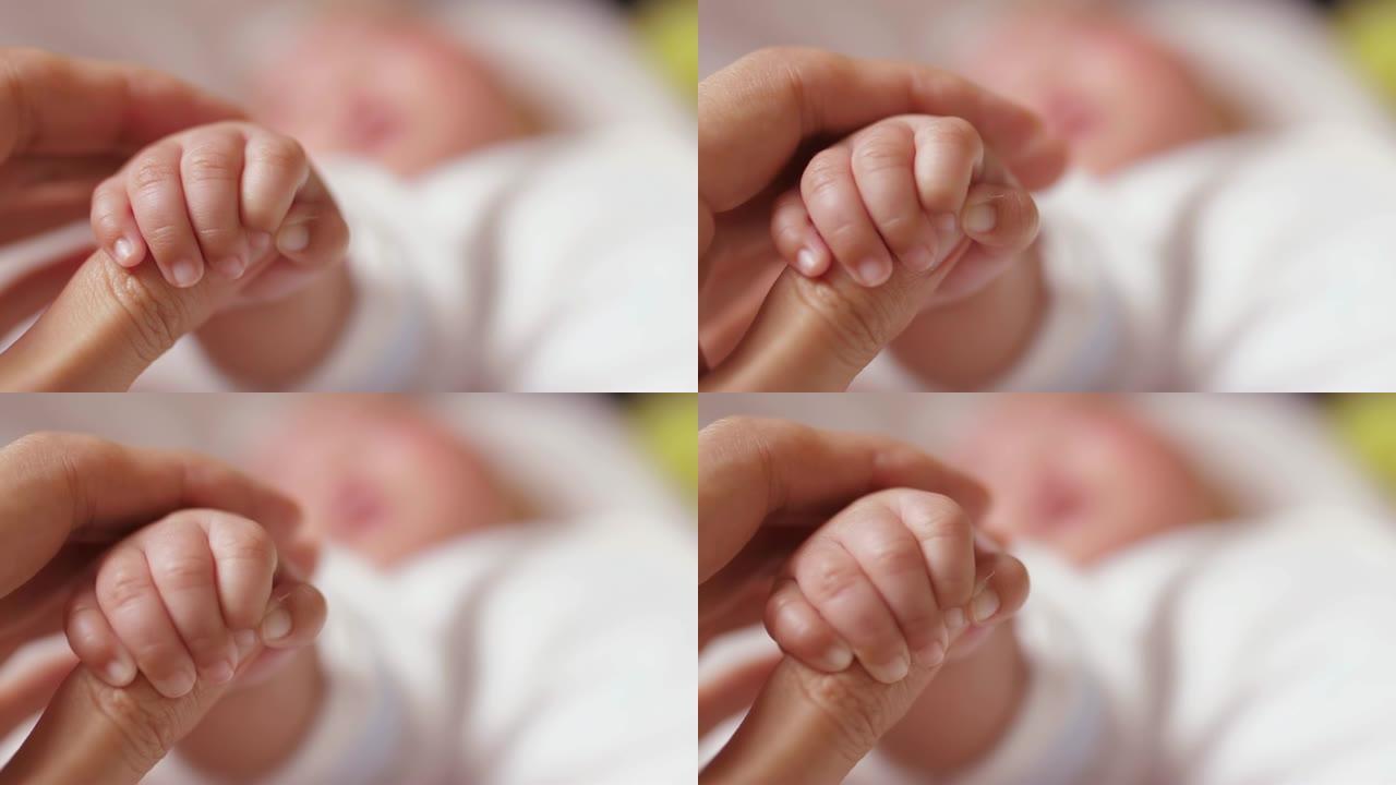 有父亲手指的婴儿小手关爱新生命