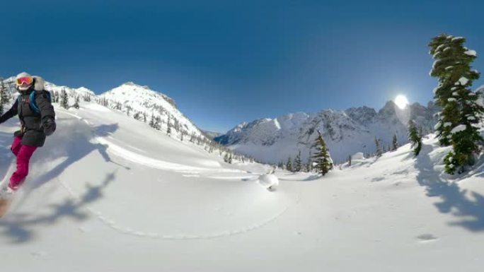 360VR: 在华丽的偏远地区，运动型女性游客滑雪板越野。