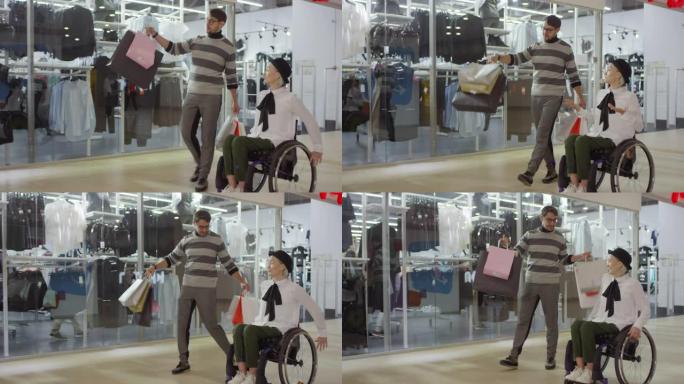 与男友在购物中心的残疾妇女