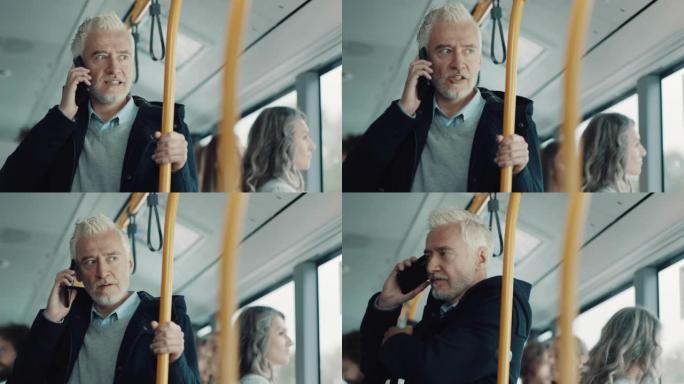 成熟的男人在公共汽车上的智能手机上聊天