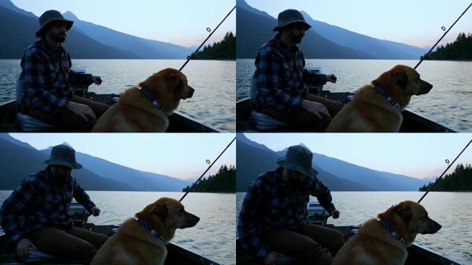 渔民带着他的狗在4k船上旅行