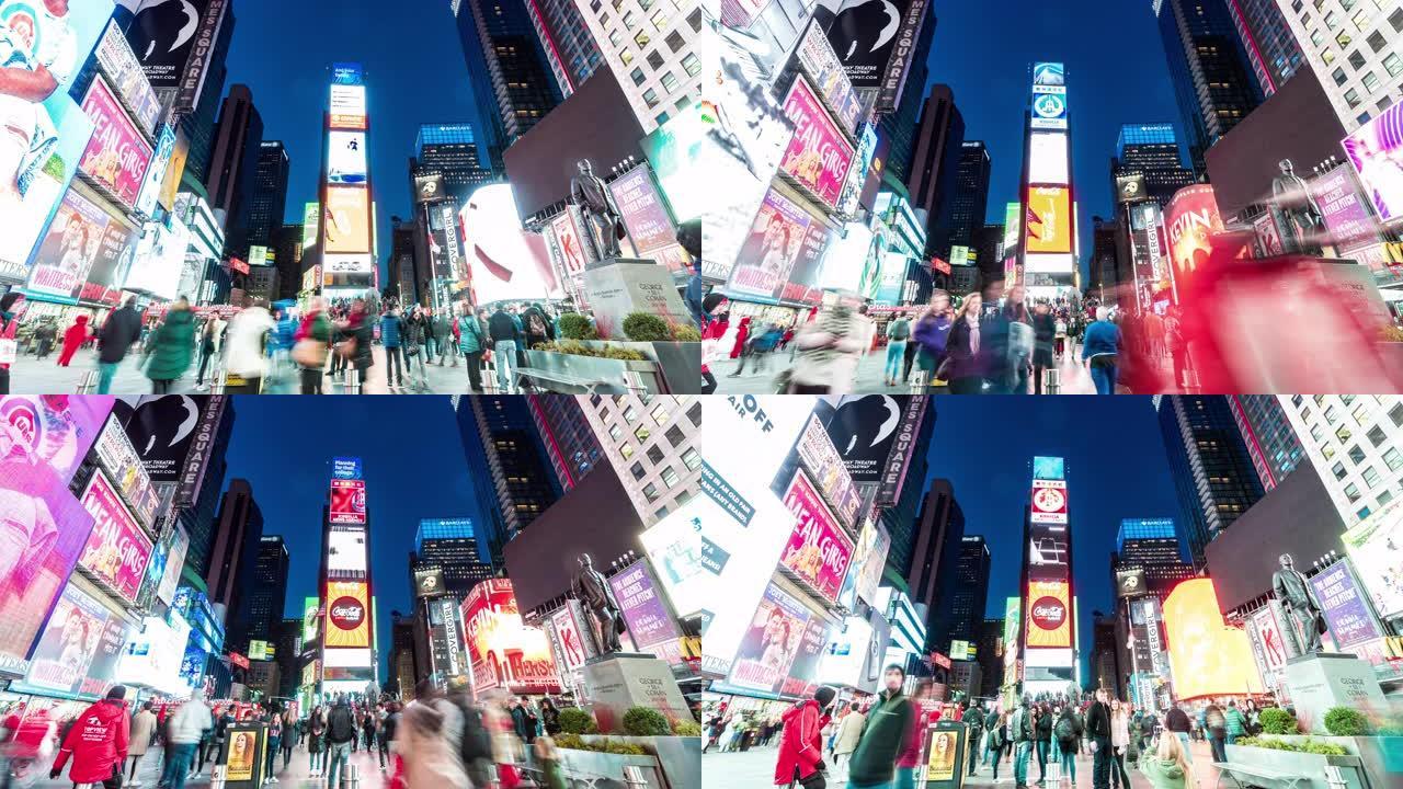 4k时间流逝人群匿名游客在黄昏时间步行和参观时代广场地区，纽约，美国，美国，具有商业概念的旅行和地标